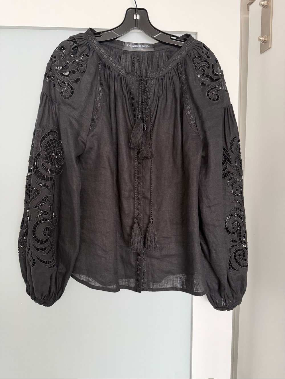 Black Cutwork Embroidered Peasant Blouse with Tassel Tie, 100% Linen